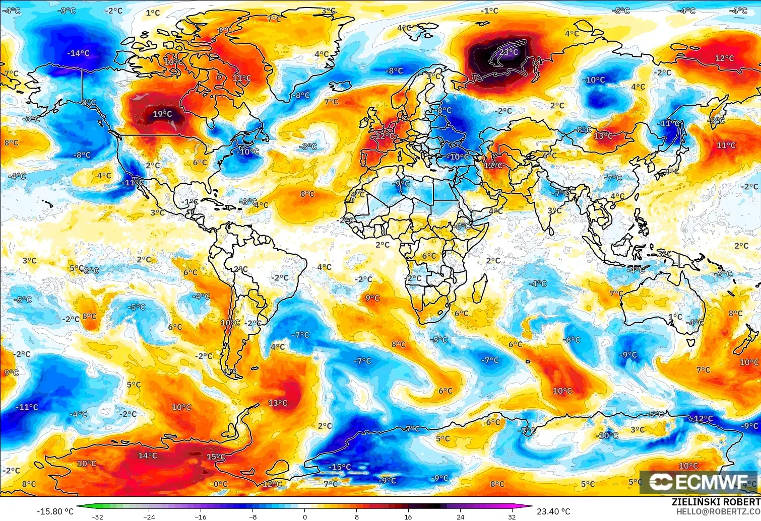 ECMWF IFS 0.25° modelo - Mundo, Anomalía de temperatura a 850 hPa