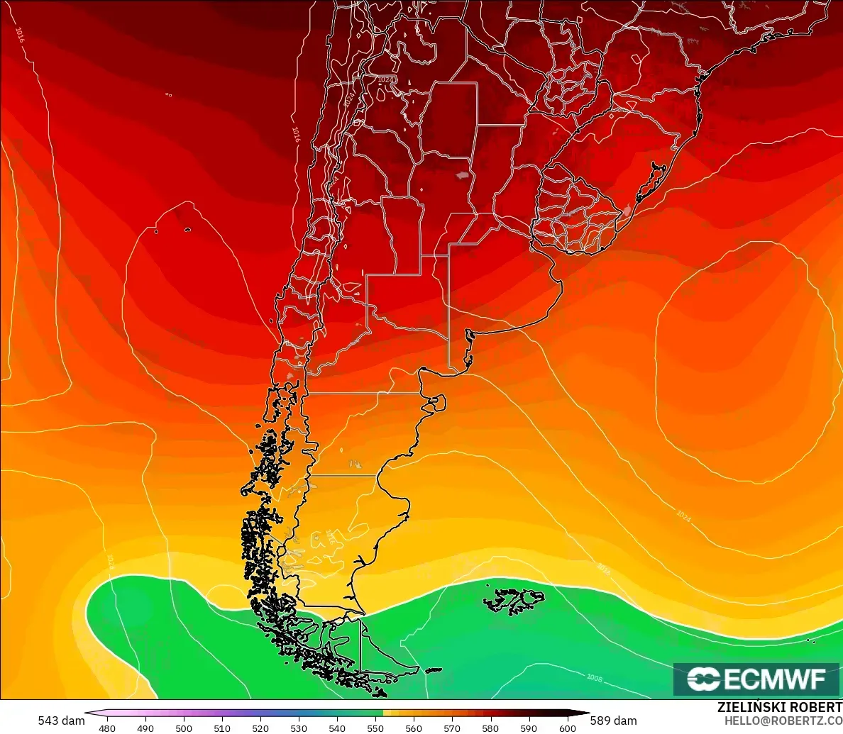 ECMWF IFS 0.25° modelo - Argentina, Altura geopotencial a 500 hPa
