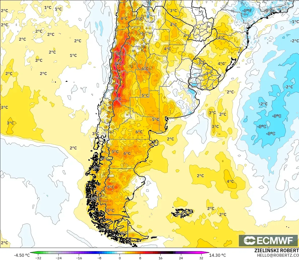 ECMWF IFS 0.25° modelo - Argentina, Anomalía de temperatura a 2 m