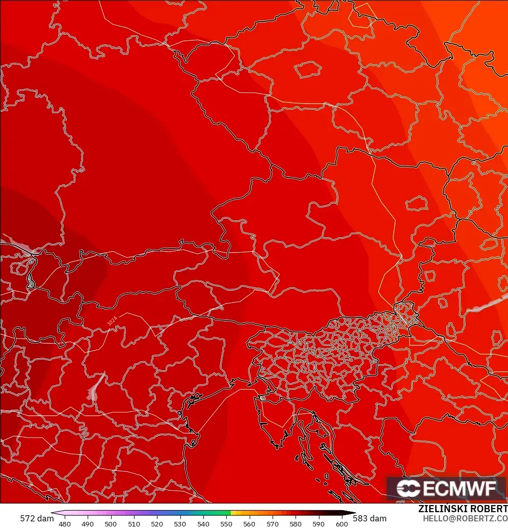 ECMWF IFS 0.25° modelo - Austria, Altura geopotencial a 500 hPa