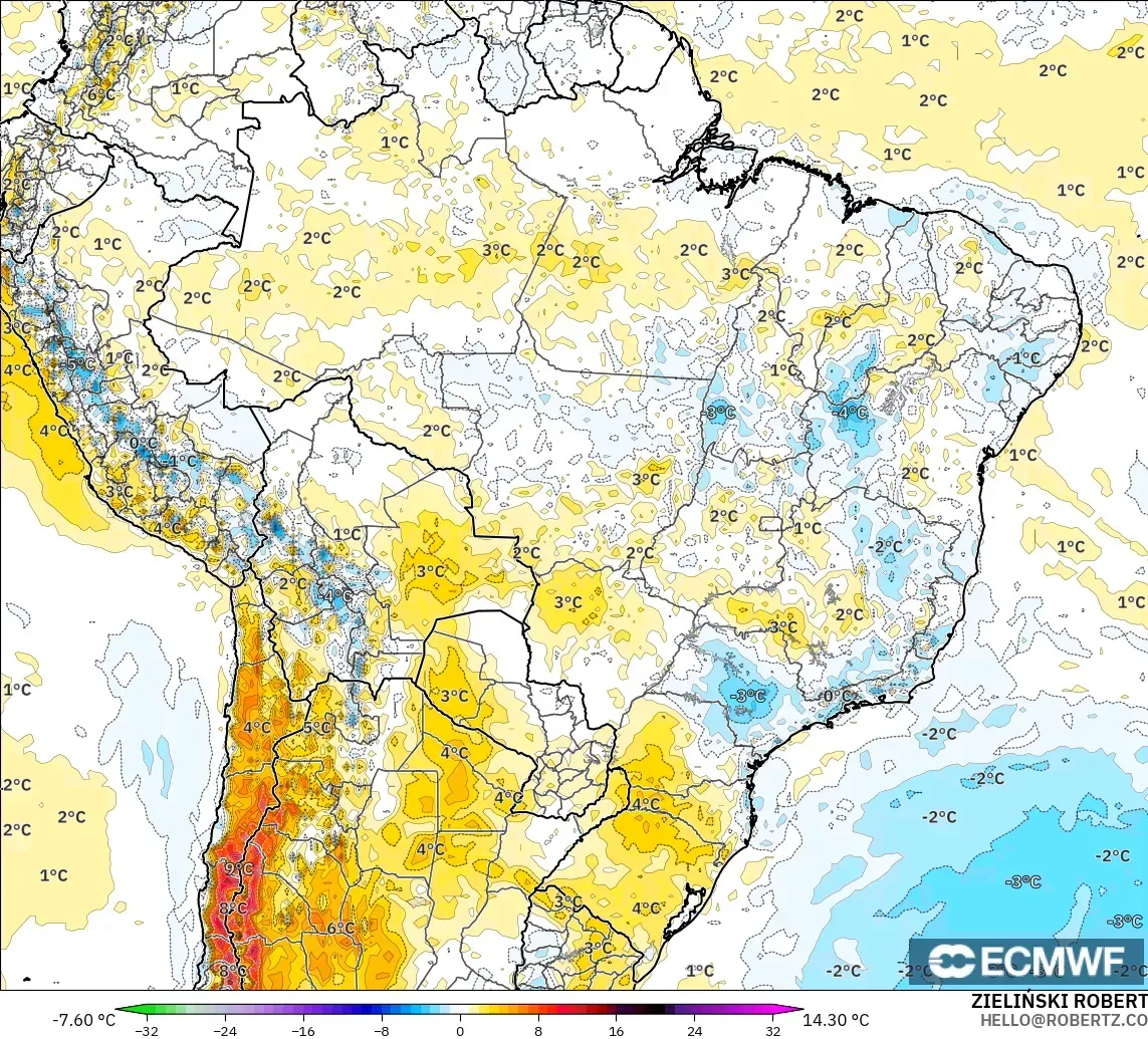 ECMWF IFS 0.25° modelo - Brasil, Anomalía de temperatura a 2 m