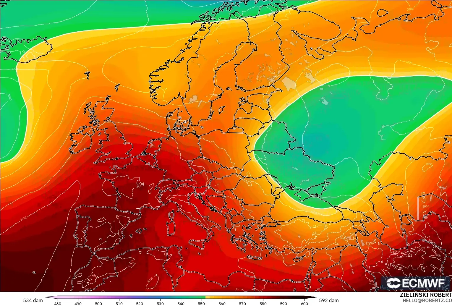ECMWF IFS 0.25° modelo - Europa, Altura geopotencial a 500 hPa