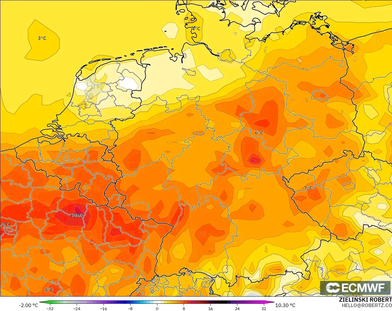 ECMWF IFS 0.25° modelo - Alemania, Anomalía de temperatura a 2 m