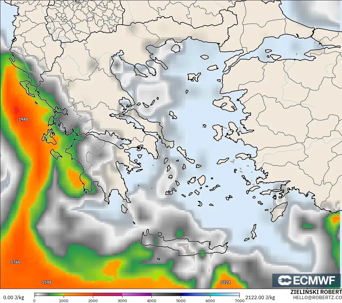 ECMWF IFS 0.25° modelo - Grecia, CAPE