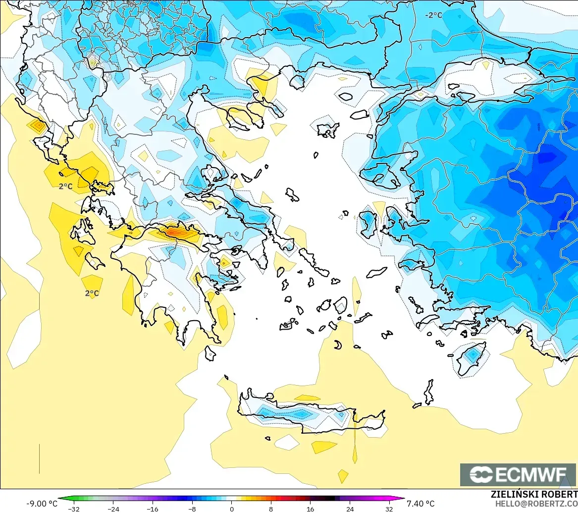 ECMWF IFS 0.25° modelo - Grecia, Anomalía de temperatura a 2 m