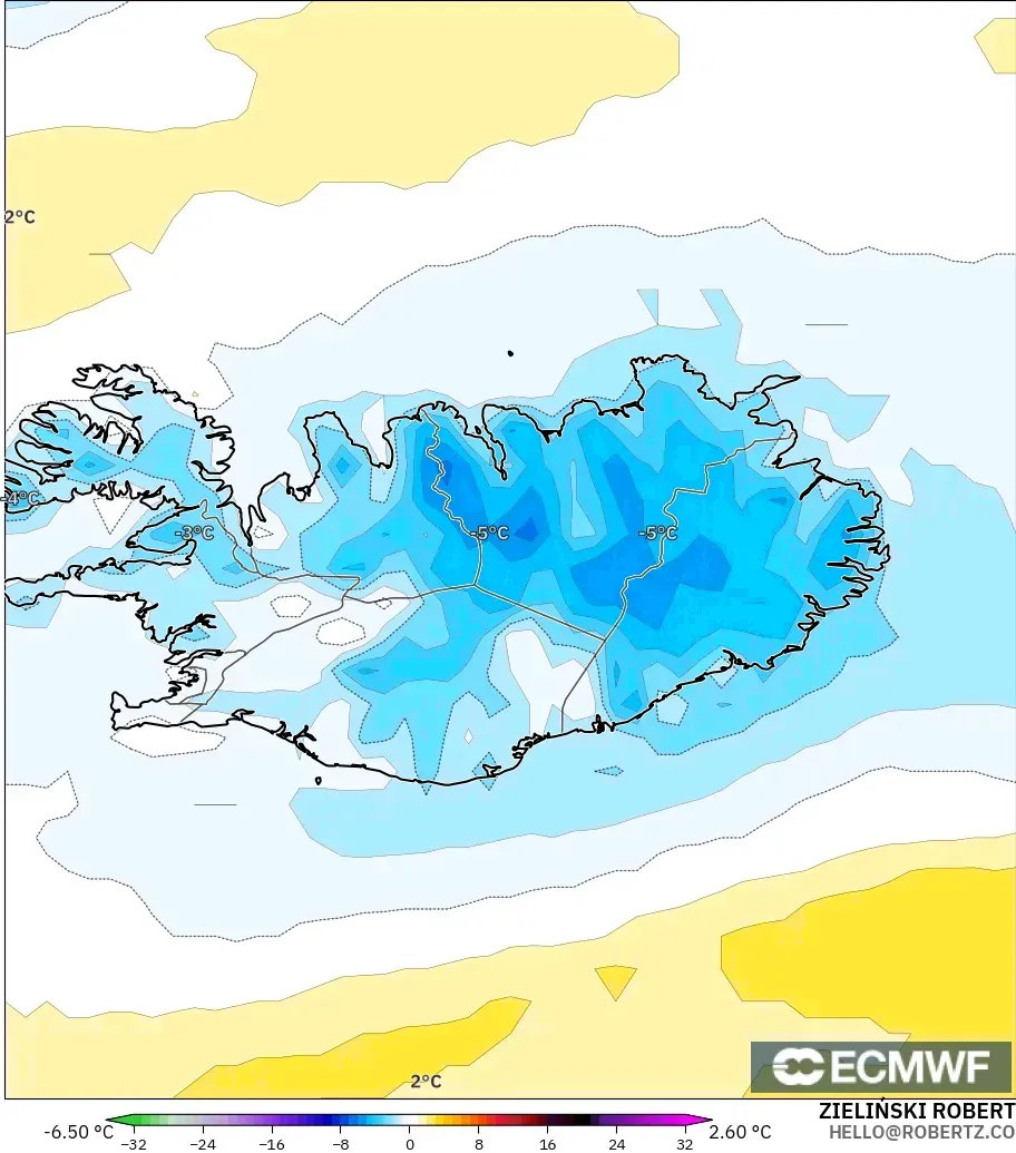 ECMWF IFS 0.25° modelo - Islandia, Anomalía de temperatura a 2 m