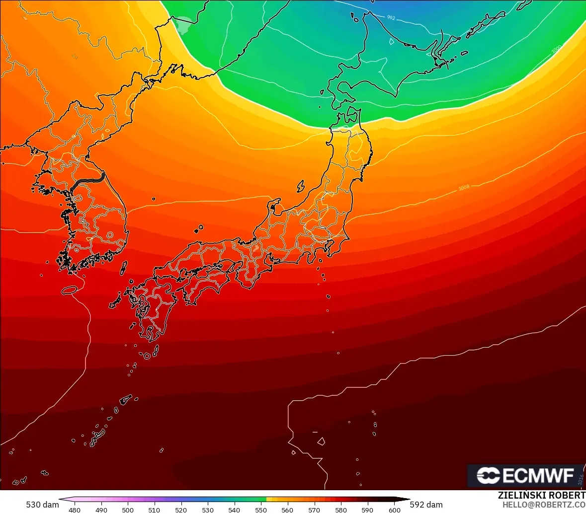 ECMWF IFS 0.25° modelo - Japón, Altura geopotencial a 500 hPa