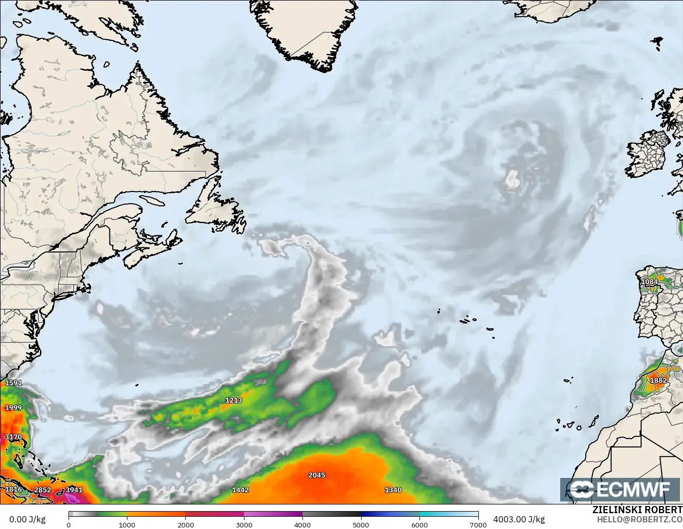 ECMWF IFS 0.25° modelo - Norte Atlántico, CAPE