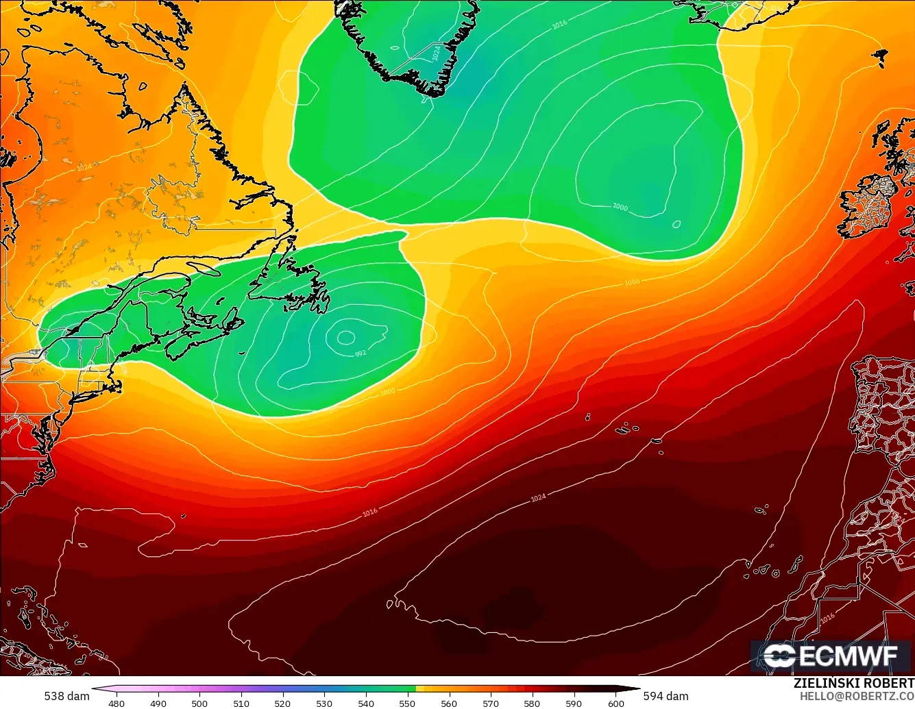 ECMWF IFS 0.25° modelo - Norte Atlántico, Altura geopotencial a 500 hPa