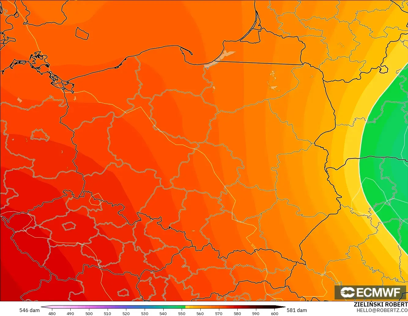 ECMWF IFS 0.25° modelo - Polonia, Altura geopotencial a 500 hPa