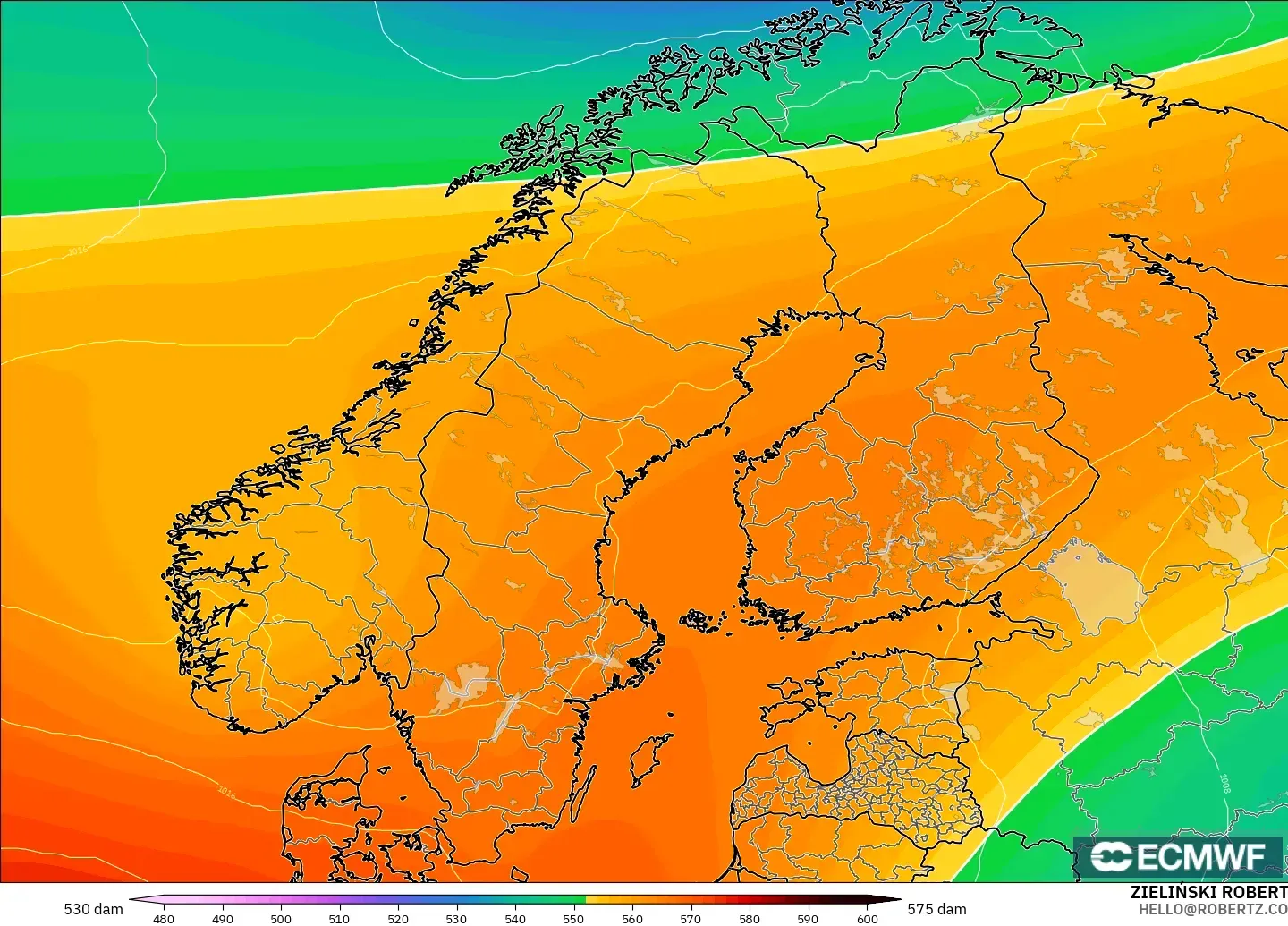 ECMWF IFS 0.25° modelo - Escandinavia, Altura geopotencial a 500 hPa