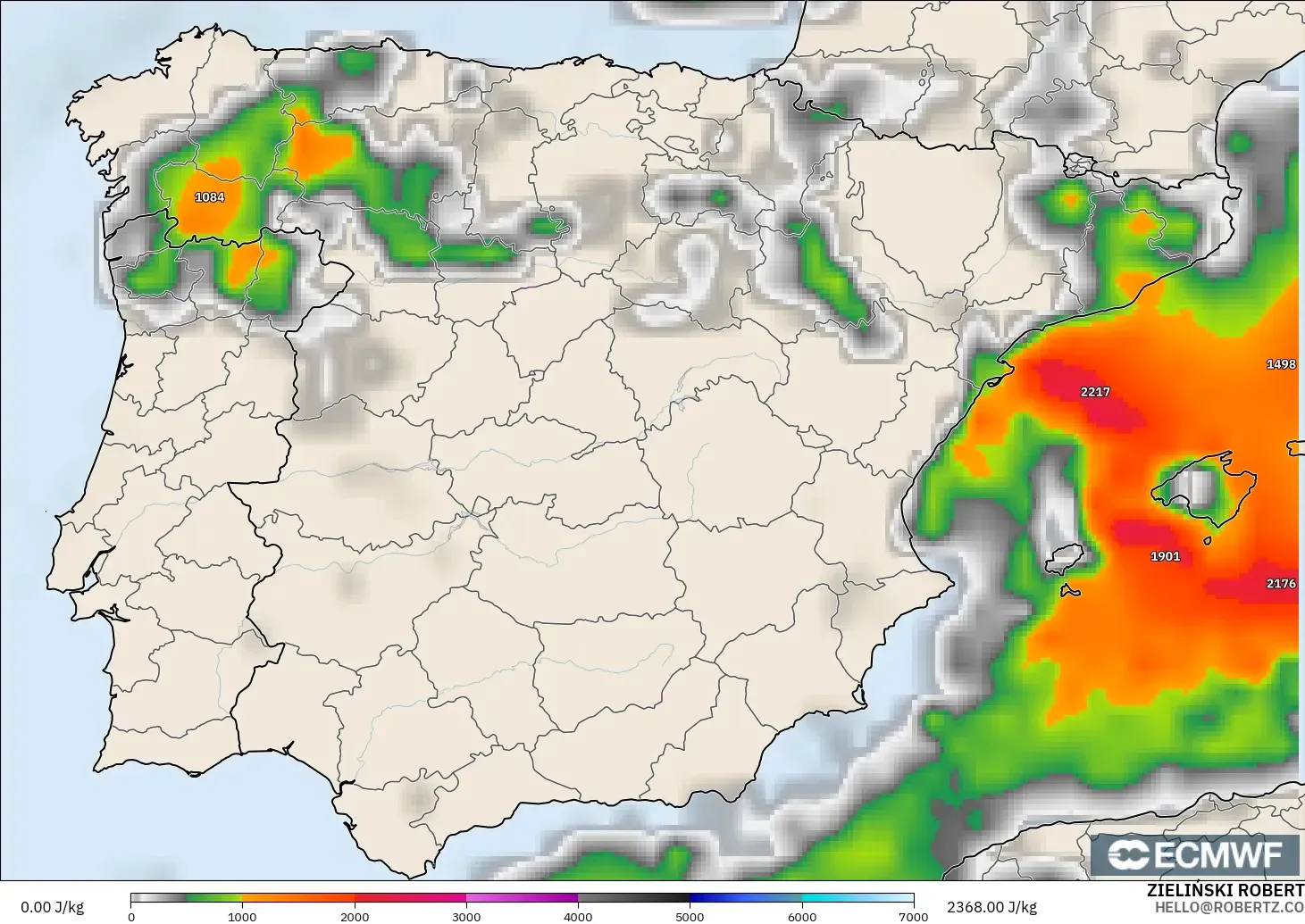 ECMWF IFS 0.25° modelo - España, CAPE
