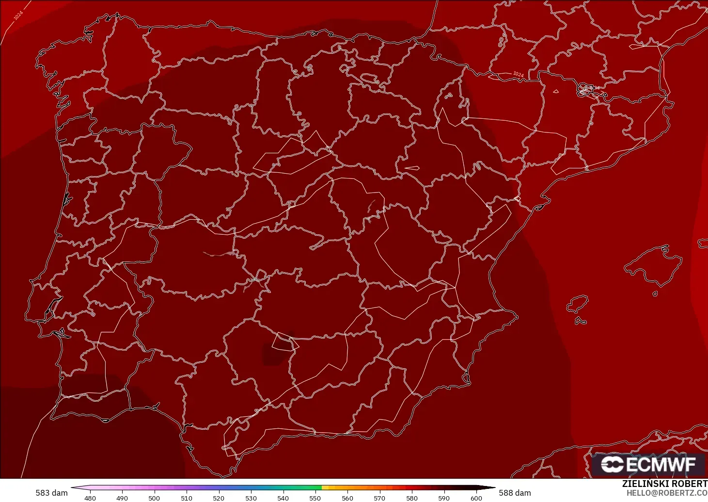 ECMWF IFS 0.25° modelo - España, Altura geopotencial a 500 hPa