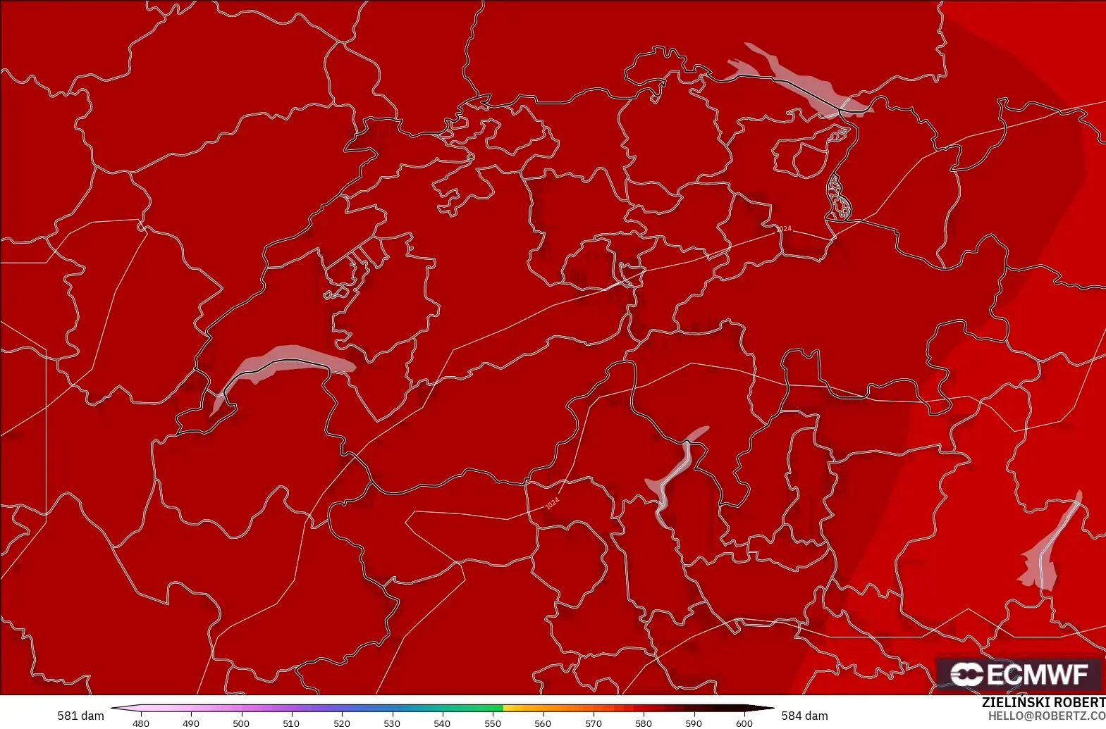ECMWF IFS 0.25° modelo - Suiza, Altura geopotencial a 500 hPa