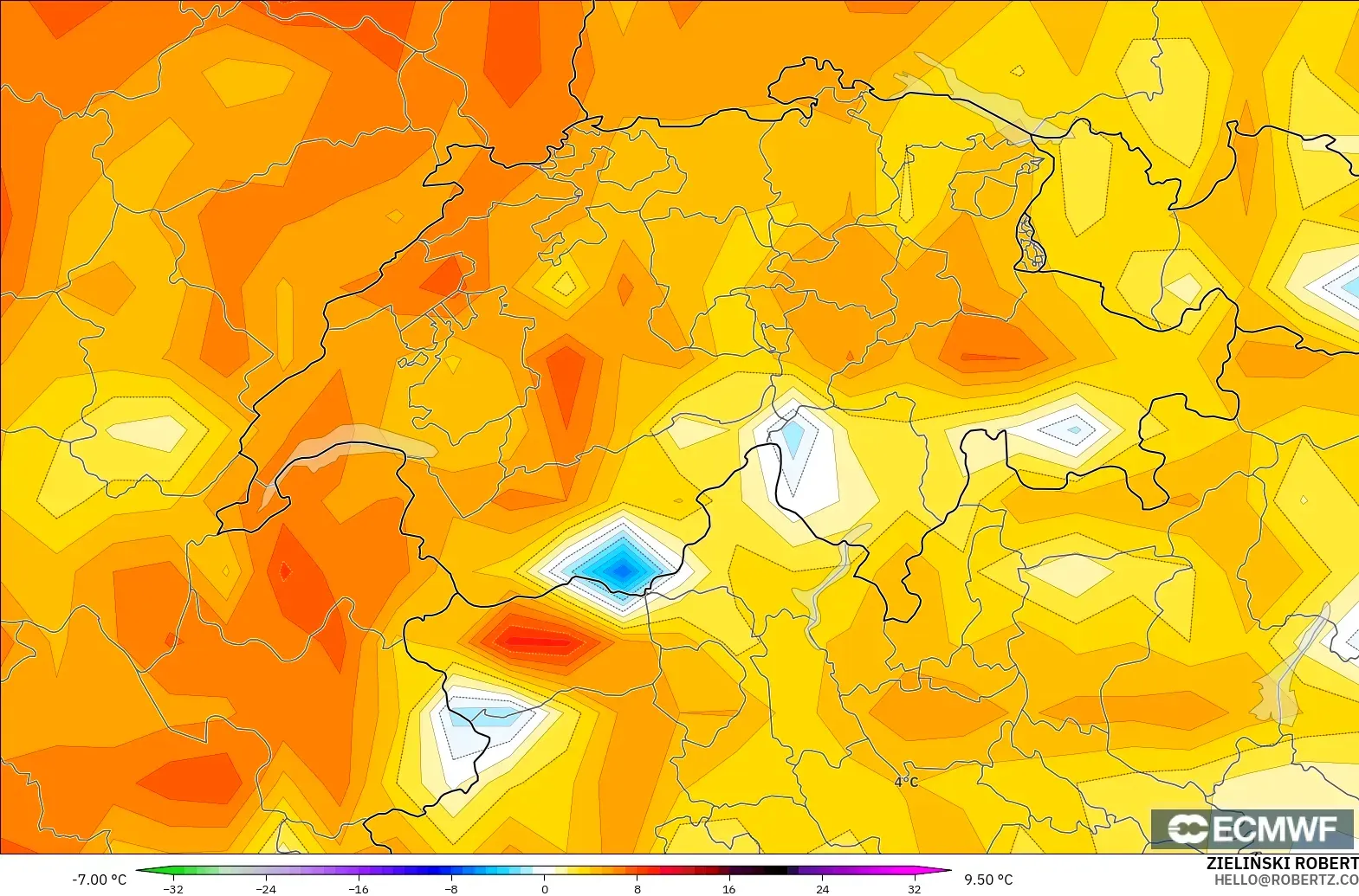 ECMWF IFS 0.25° modelo - Suiza, Anomalía de temperatura a 2 m