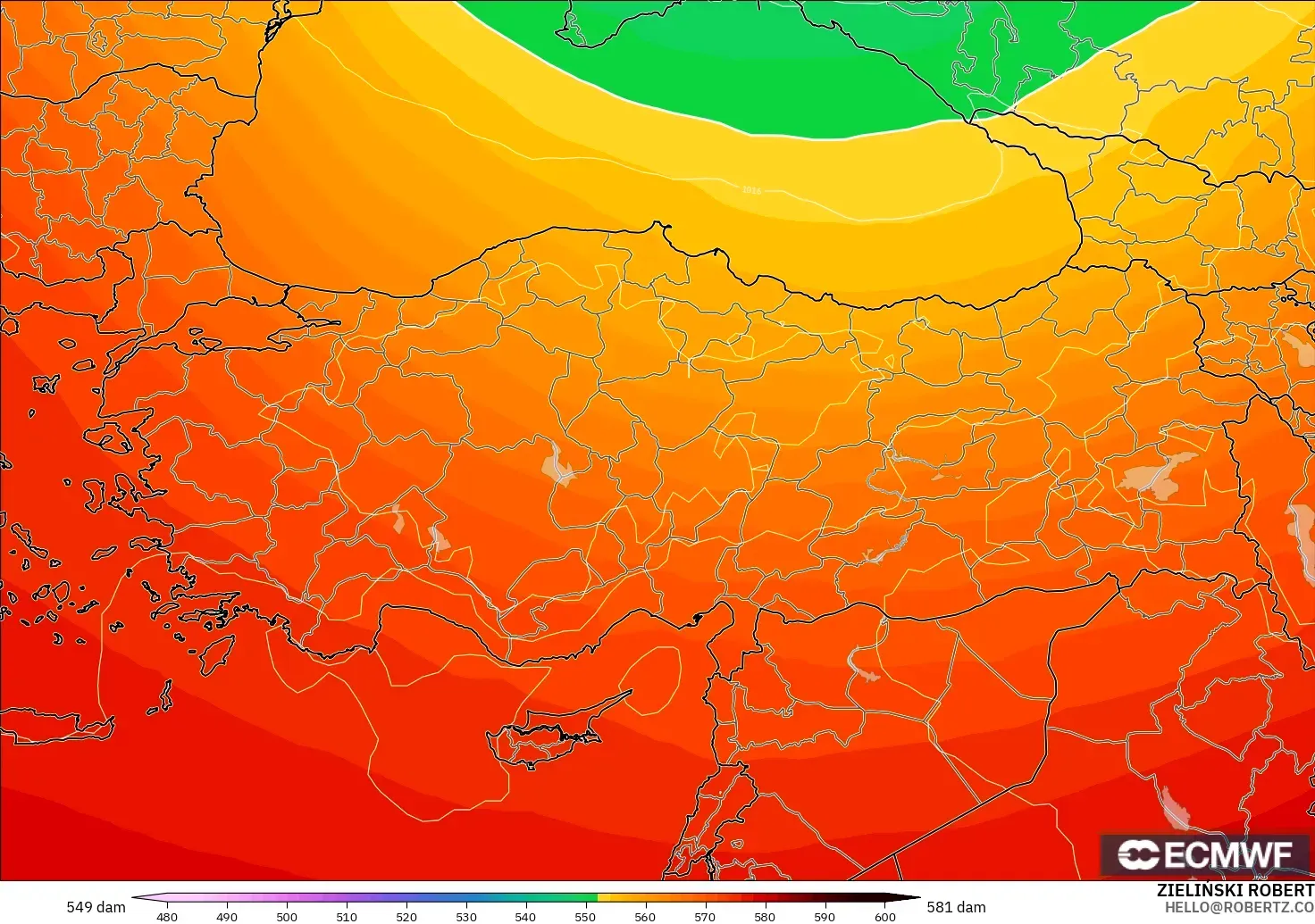 ECMWF IFS 0.25° modelo - Turquía, Altura geopotencial a 500 hPa