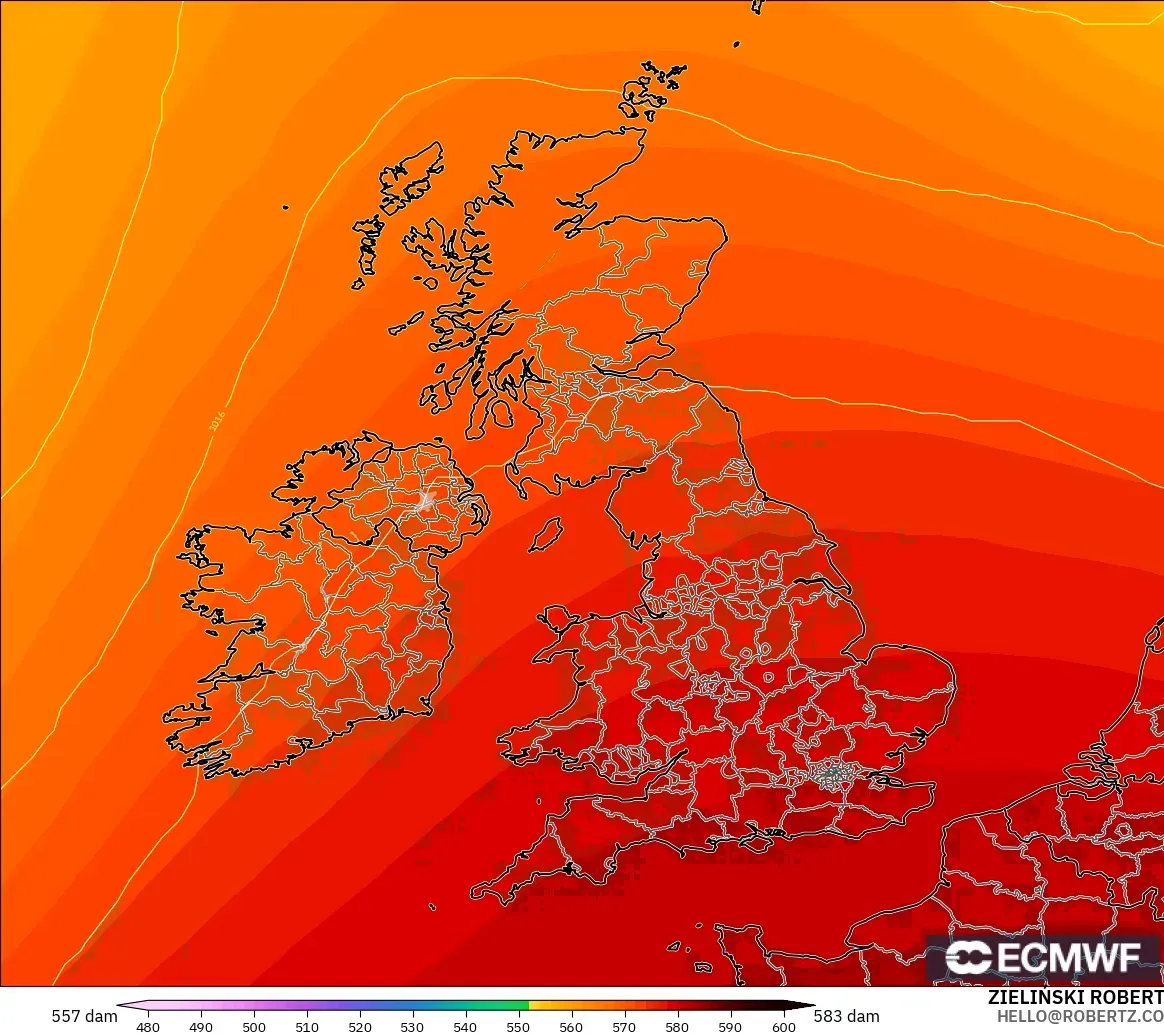 ECMWF IFS 0.25° modelo - Reino Unido, Altura geopotencial a 500 hPa