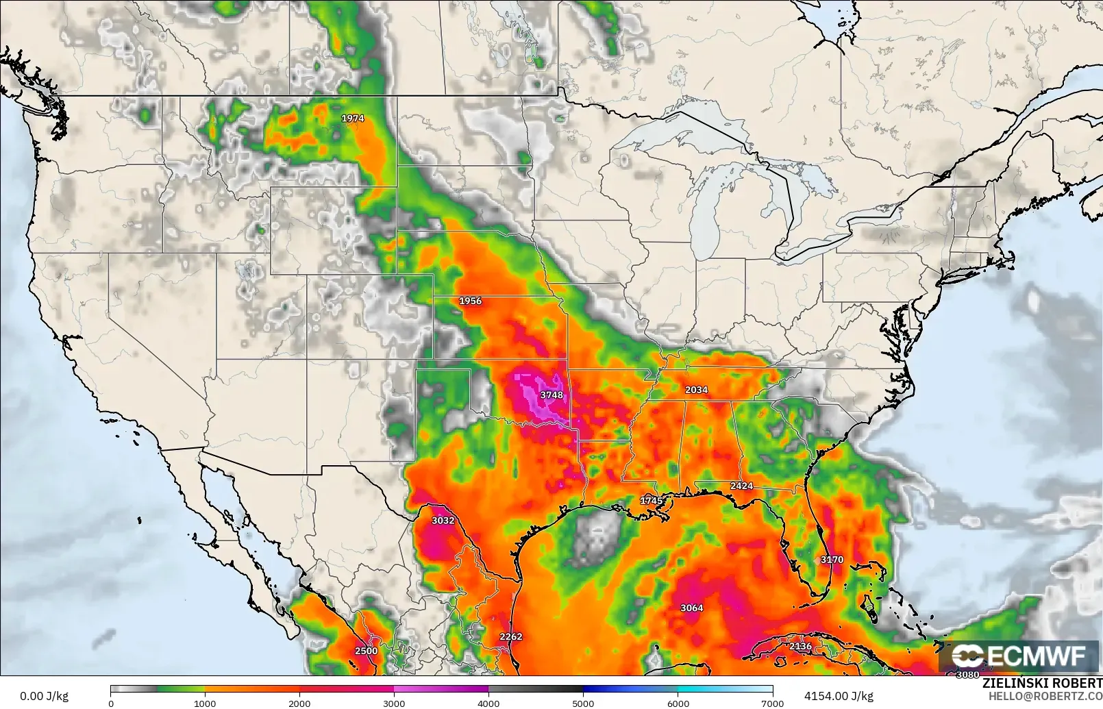 ECMWF IFS 0.25° modelo - Estados Unidos, CAPE