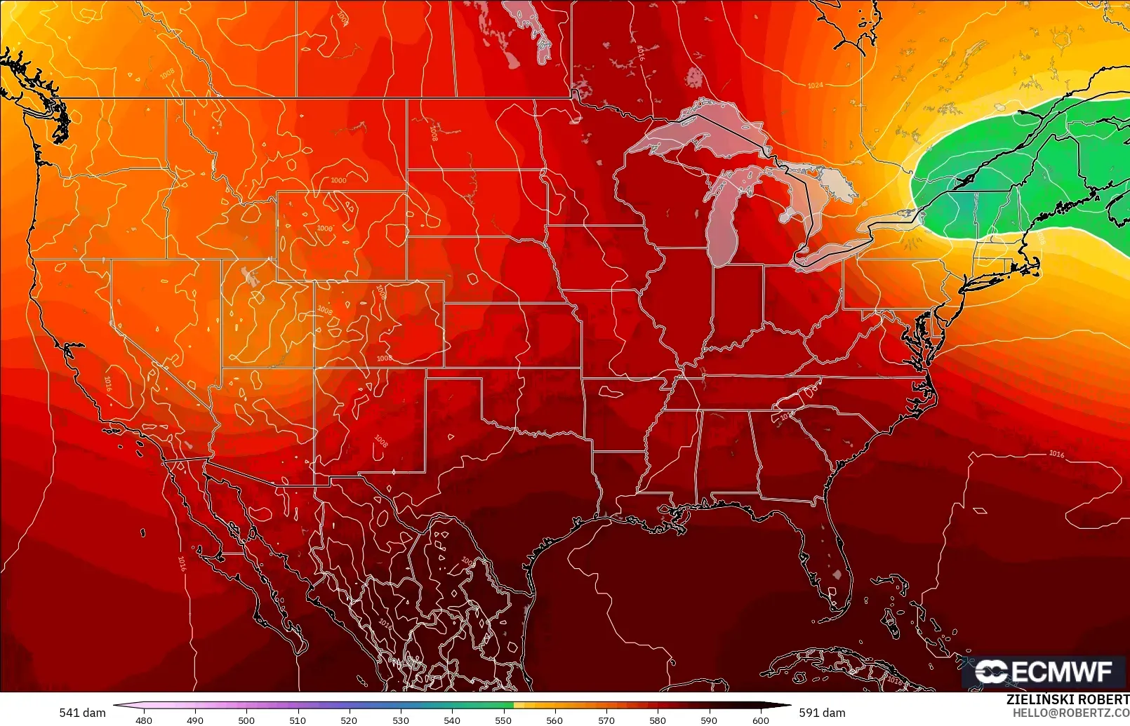 ECMWF IFS 0.25° modelo - Estados Unidos, Altura geopotencial a 500 hPa