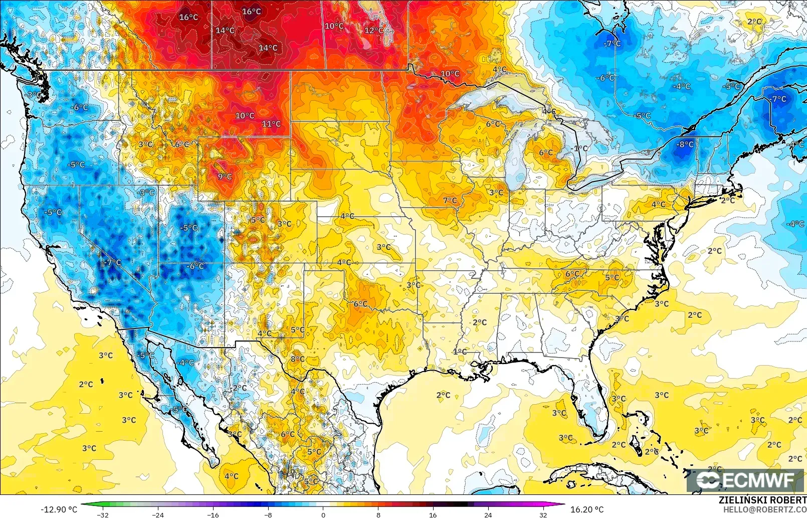 ECMWF IFS 0.25° modelo - Estados Unidos, Anomalía de temperatura a 2 m