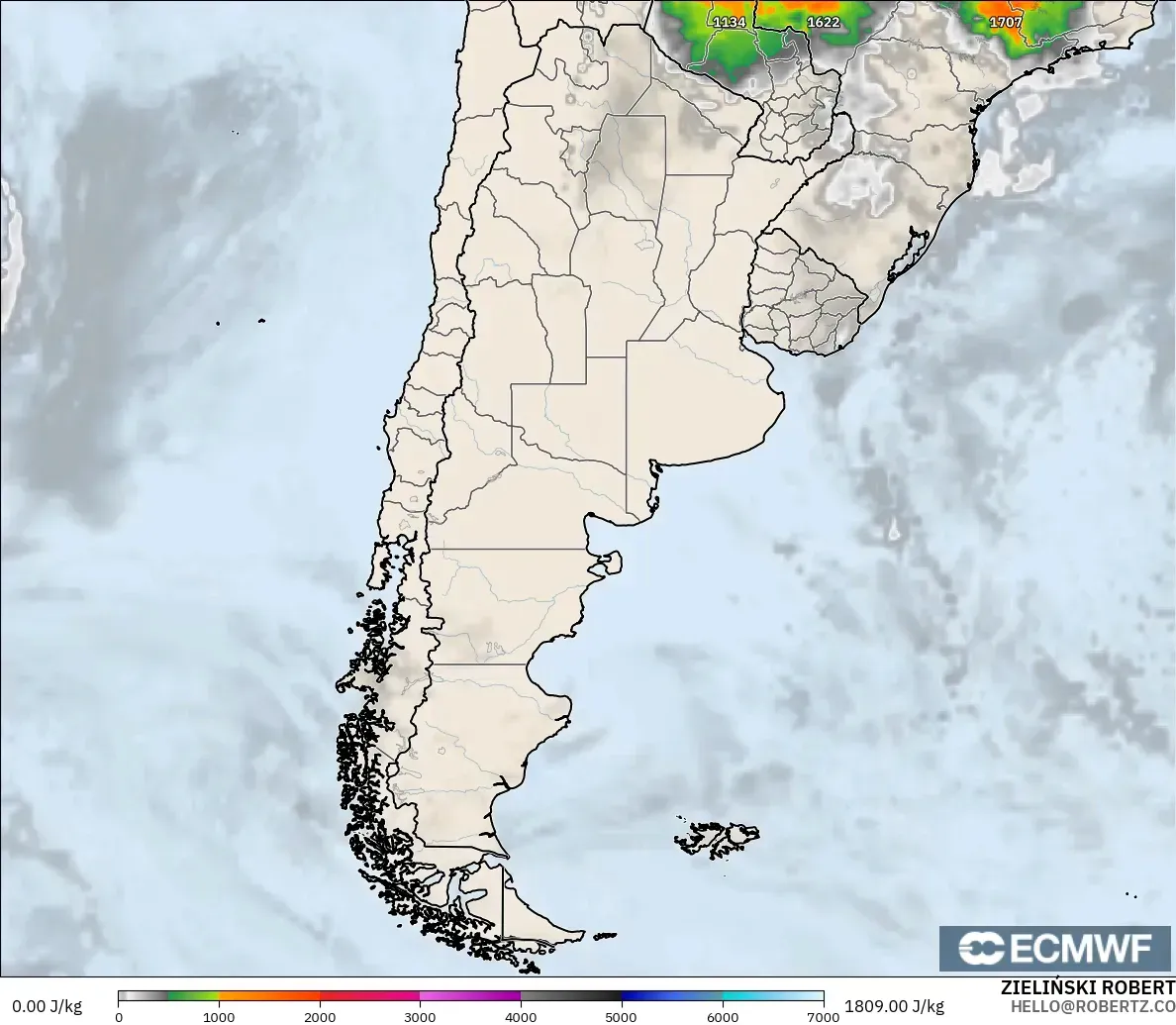 ECMWF IFS 0.25° modelo - Argentina, CAPE