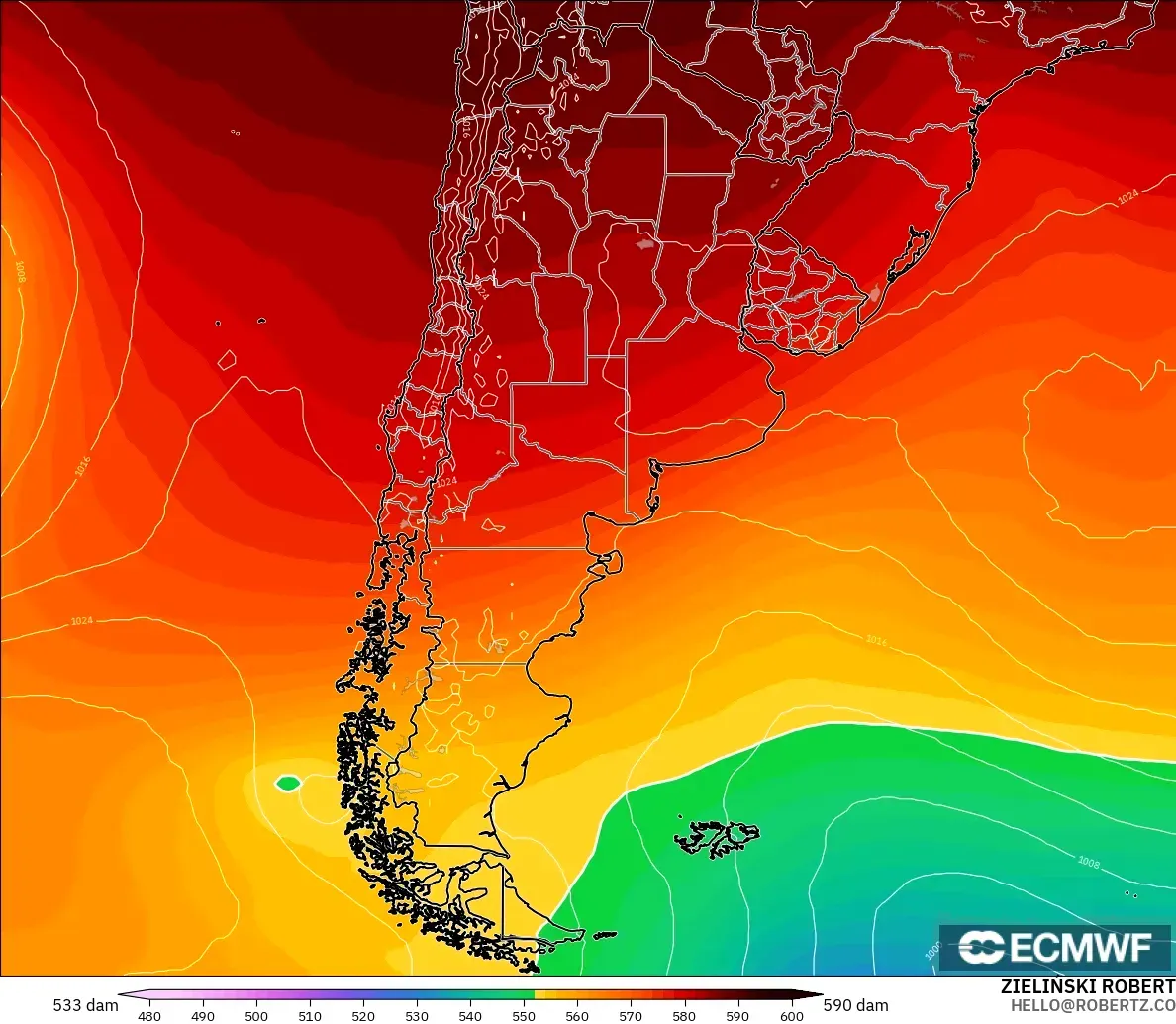 ECMWF IFS 0.25° modelo - Argentina, Altura geopotencial a 500 hPa
