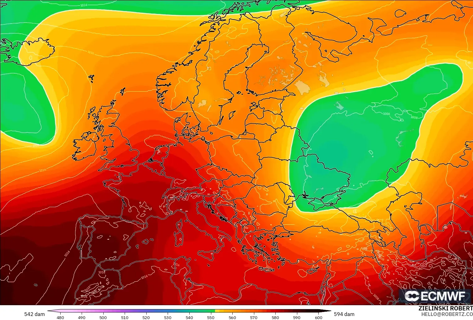 ECMWF IFS 0.25° modelo - Europa, Altura geopotencial a 500 hPa