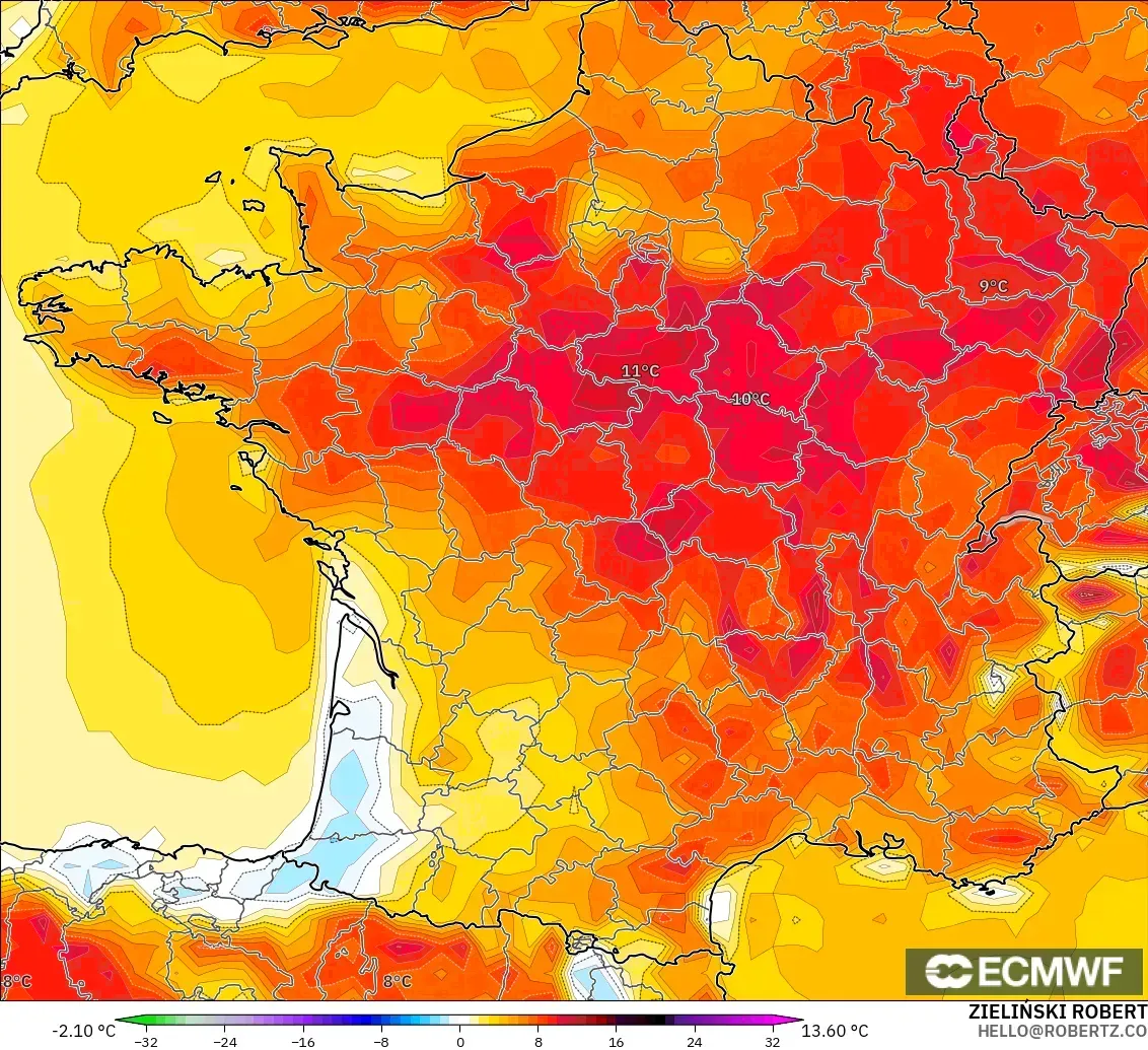 ECMWF IFS 0.25° modelo - Francia, Anomalía de temperatura a 2 m
