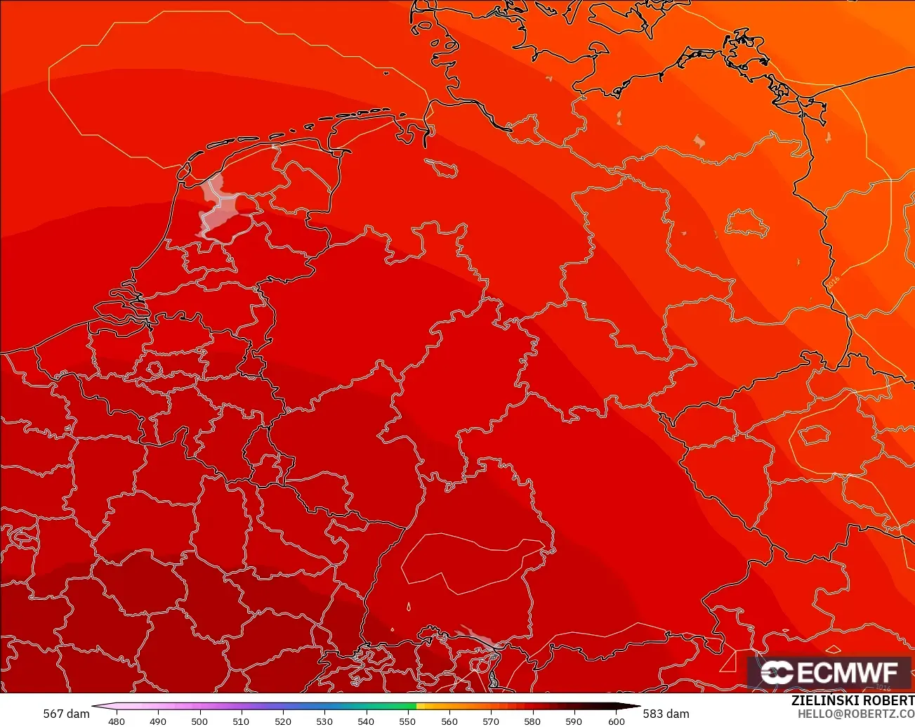 ECMWF IFS 0.25° modelo - Alemania, Altura geopotencial a 500 hPa