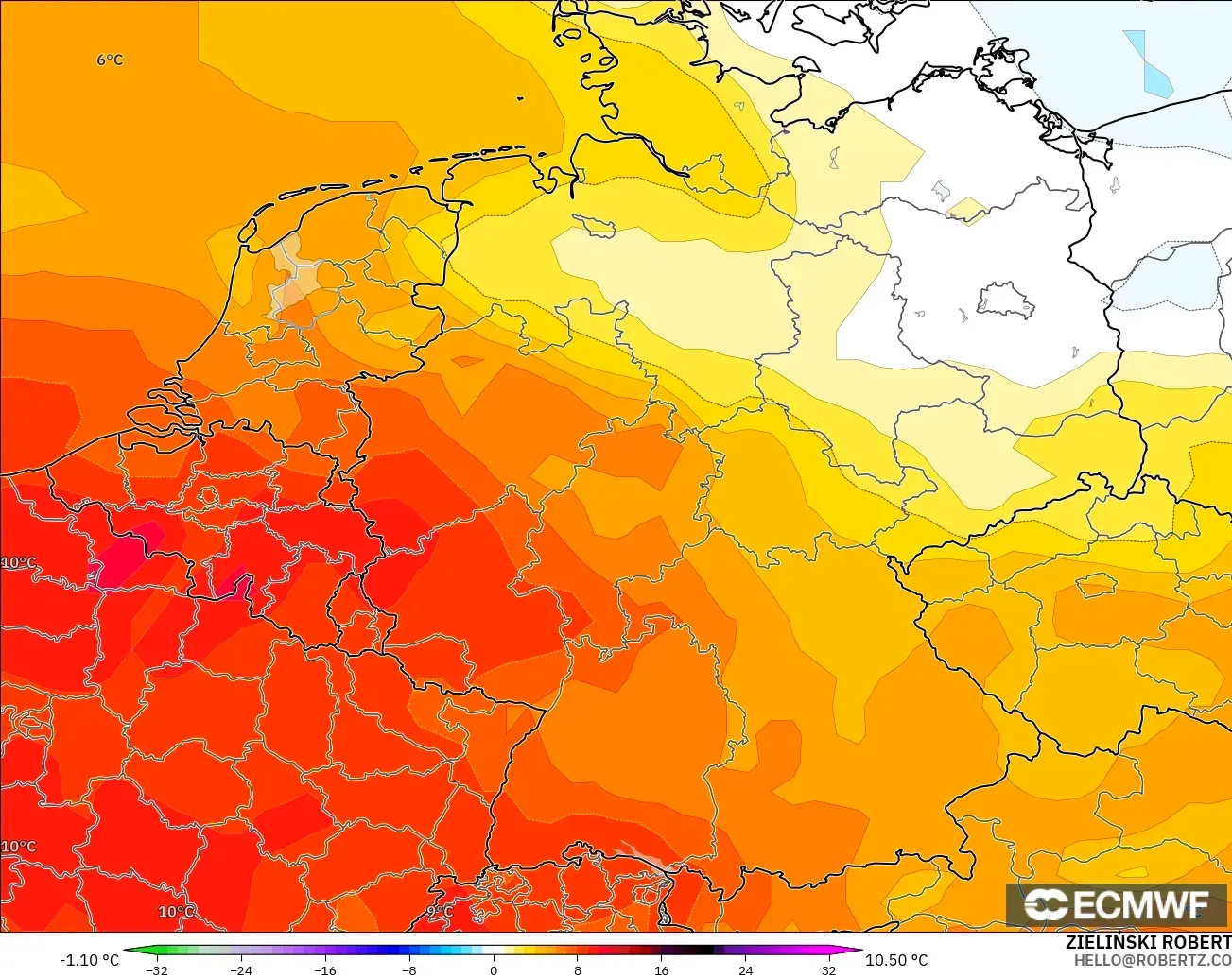 ECMWF IFS 0.25° modelo - Alemania, Anomalía de temperatura a 850 hPa