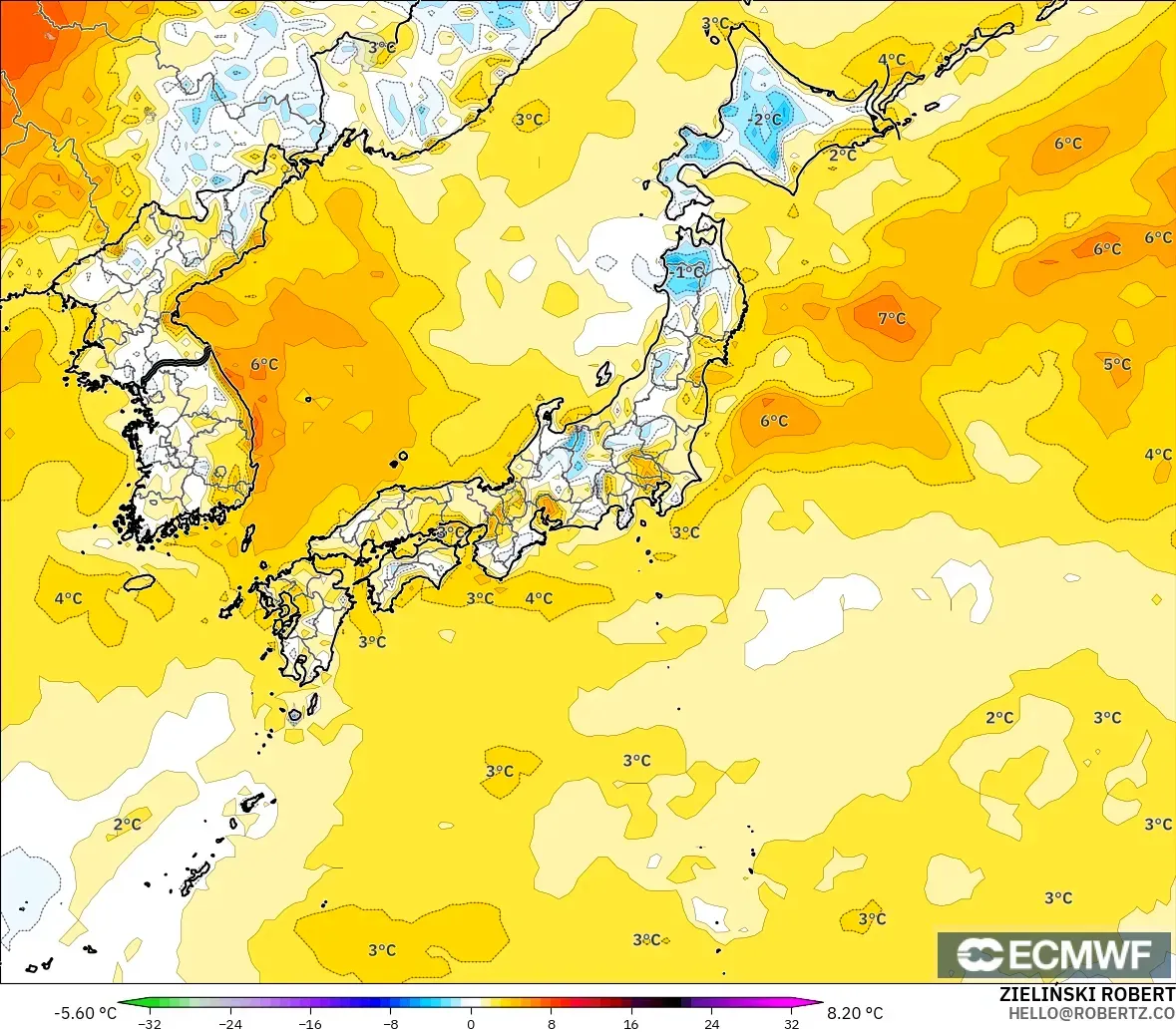 ECMWF IFS 0.25° modelo - Japón, Anomalía de temperatura a 2 m