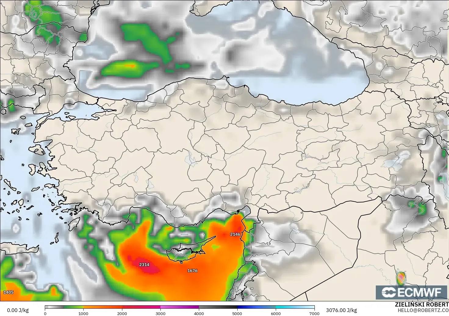 ECMWF IFS 0.25° modelo - Turquía, CAPE