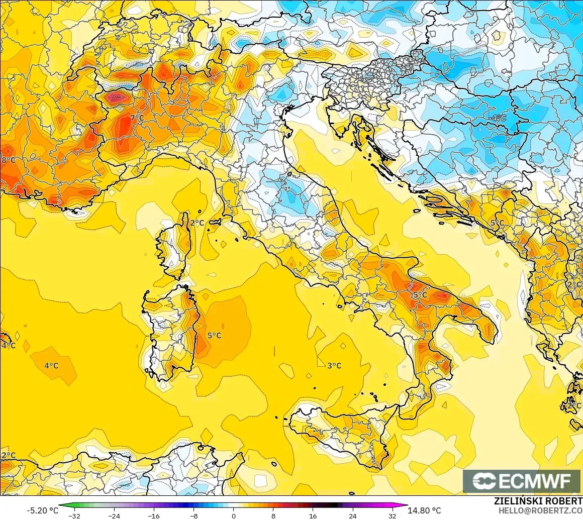 ECMWF IFS 0.25° modelo - Italia, Anomalía de temperatura a 2 m