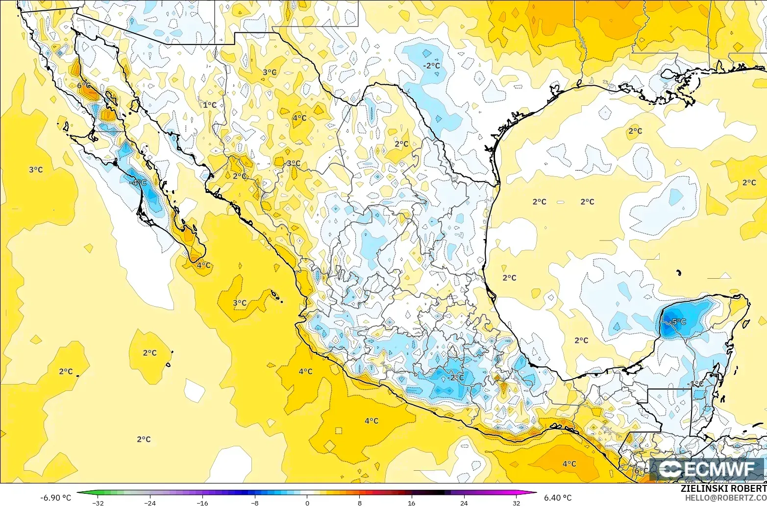 ECMWF IFS 0.25° modelo - México, Anomalía de temperatura a 2 m
