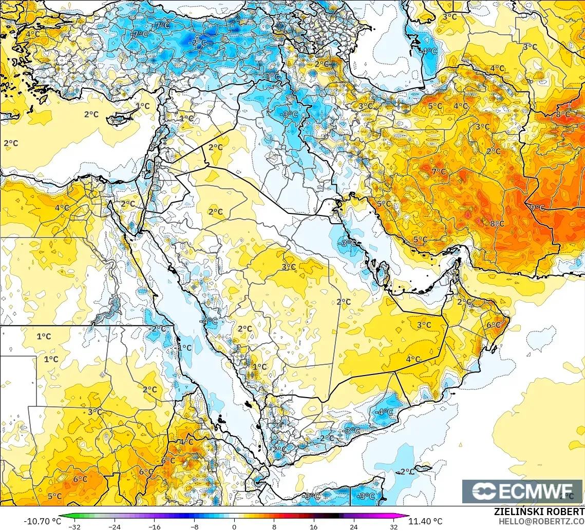 ECMWF IFS 0.25° modelo - Oriente Medio, Anomalía de temperatura a 2 m