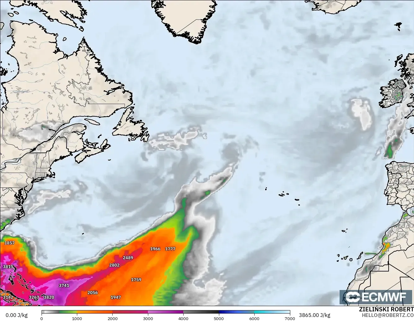 ECMWF IFS 0.25° modelo - Norte Atlántico, CAPE