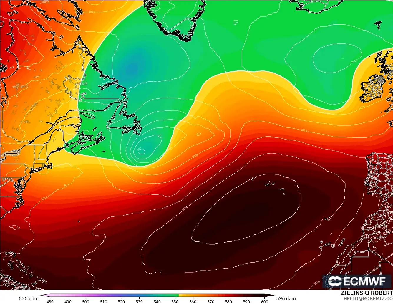 ECMWF IFS 0.25° modelo - Norte Atlántico, Altura geopotencial a 500 hPa