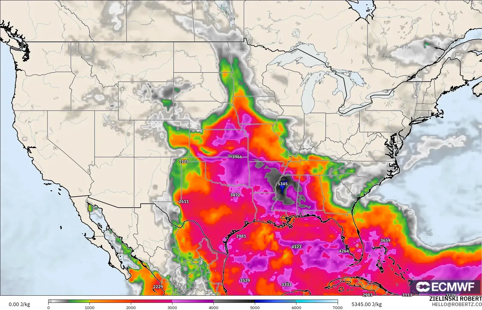 ECMWF IFS 0.25° modelo - Estados Unidos, CAPE