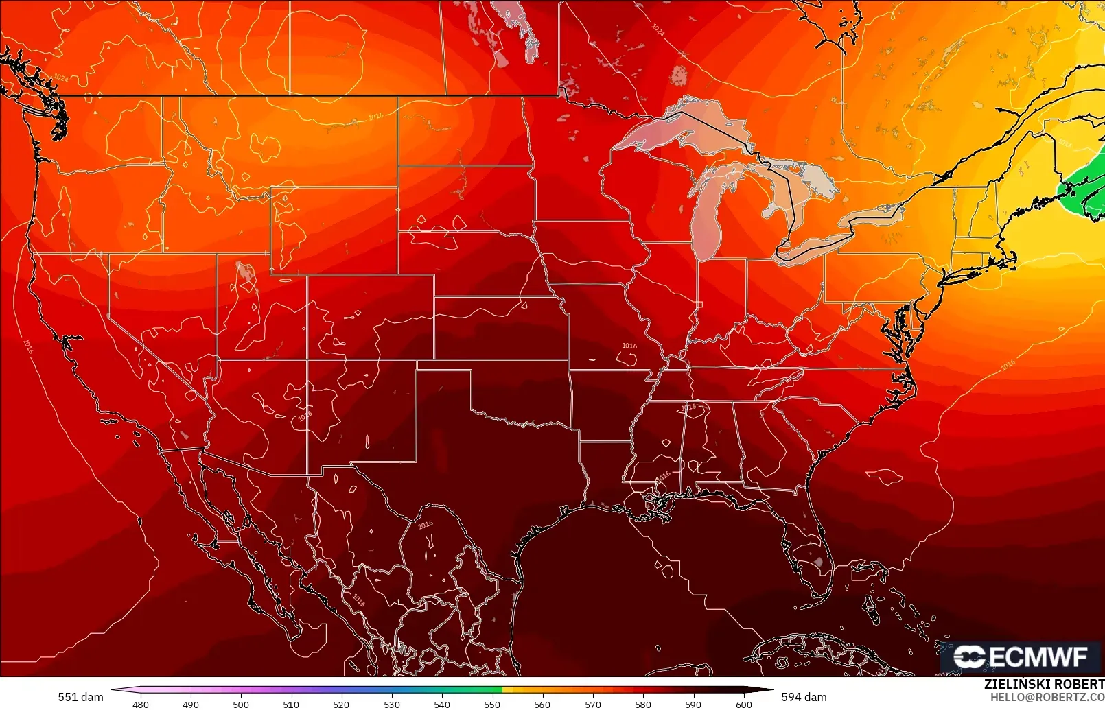 ECMWF IFS 0.25° modelo - Estados Unidos, Altura geopotencial a 500 hPa
