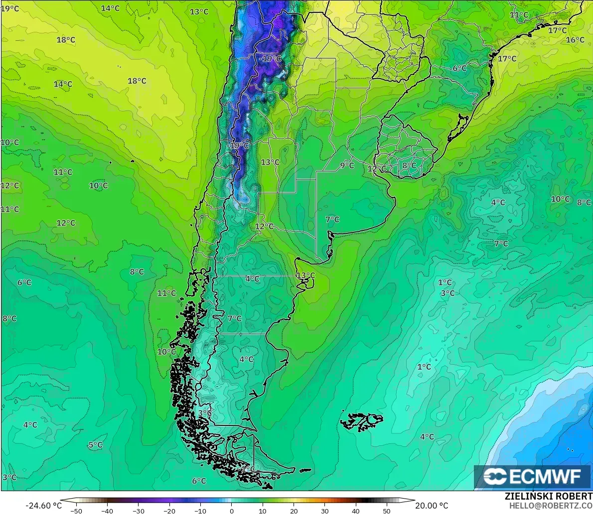ECMWF IFS 0.25° modelo - Argentina, Punto de rocío a 2 m