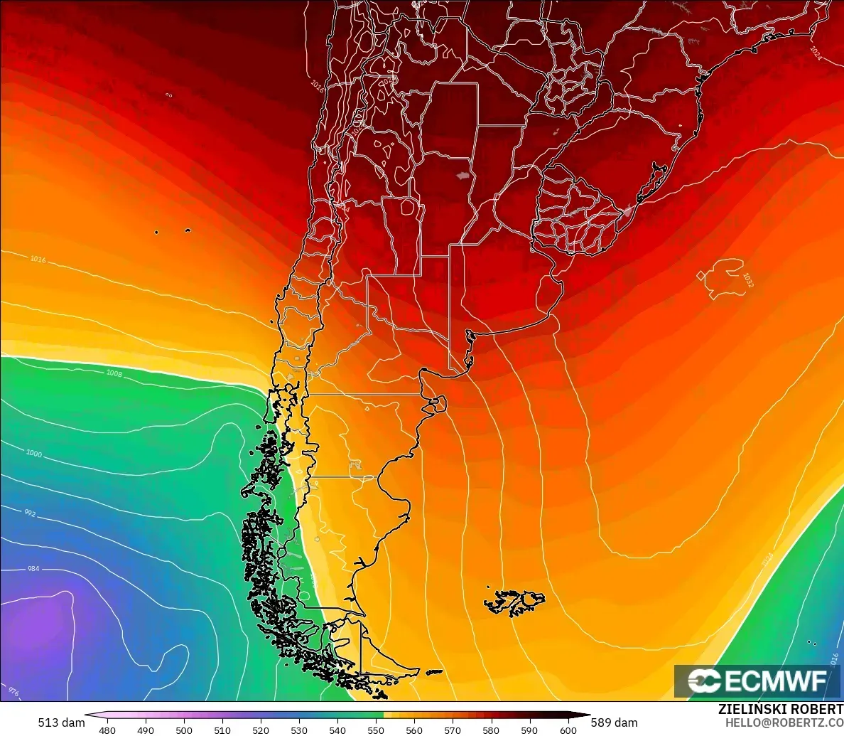 ECMWF IFS 0.25° modelo - Argentina, Altura geopotencial a 500 hPa