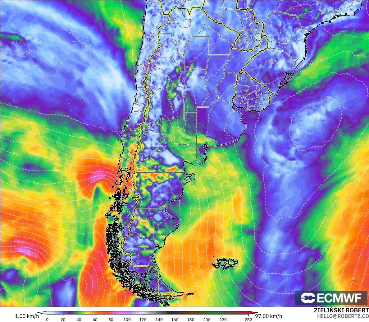 ECMWF IFS 0.25° modelo - Argentina, Ráfagas de Viento Máximas