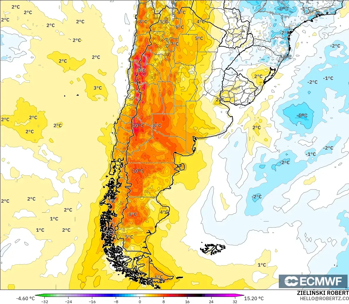ECMWF IFS 0.25° modelo - Argentina, Anomalía de temperatura a 2 m