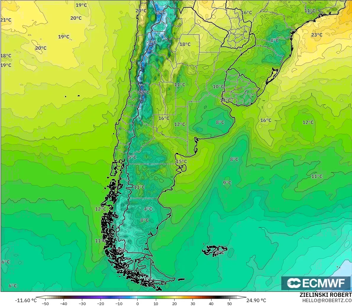 ECMWF IFS 0.25° modelo - Argentina, Temperatura a 2 m