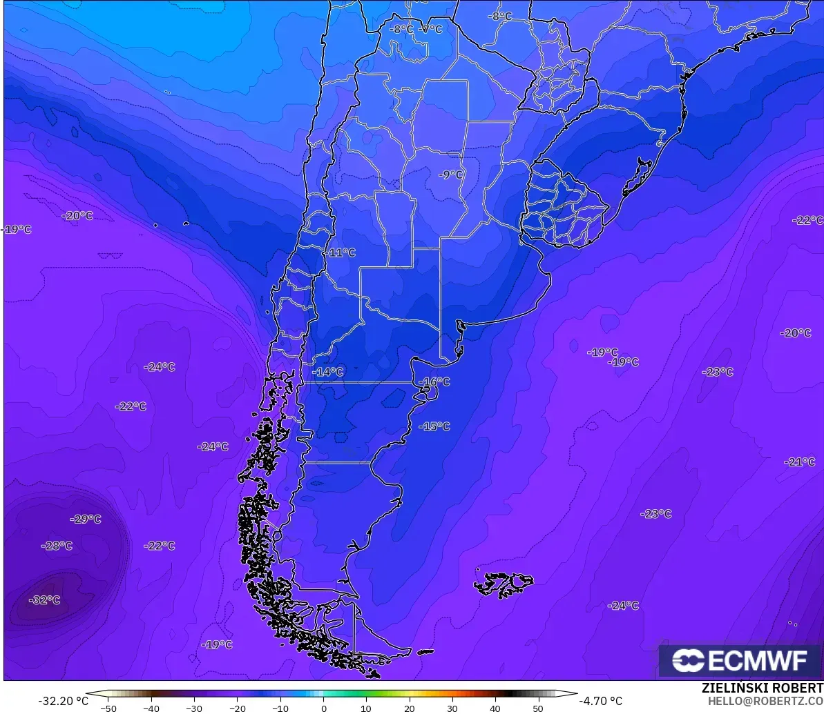 ECMWF IFS 0.25° modelo - Argentina, Temperatura a 500 hPa