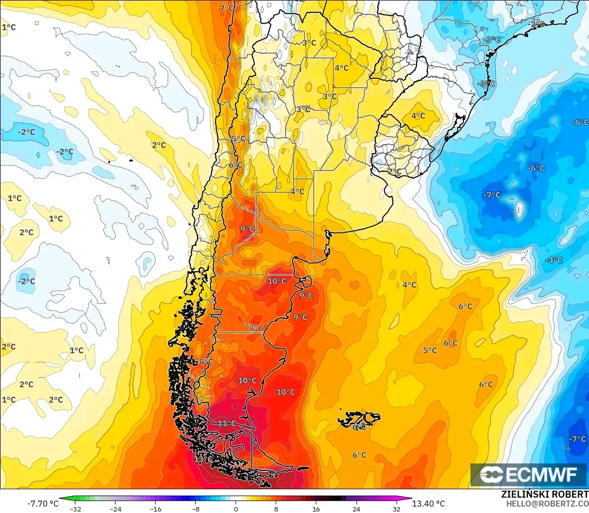ECMWF IFS 0.25° modelo - Argentina, Anomalía de temperatura a 850 hPa