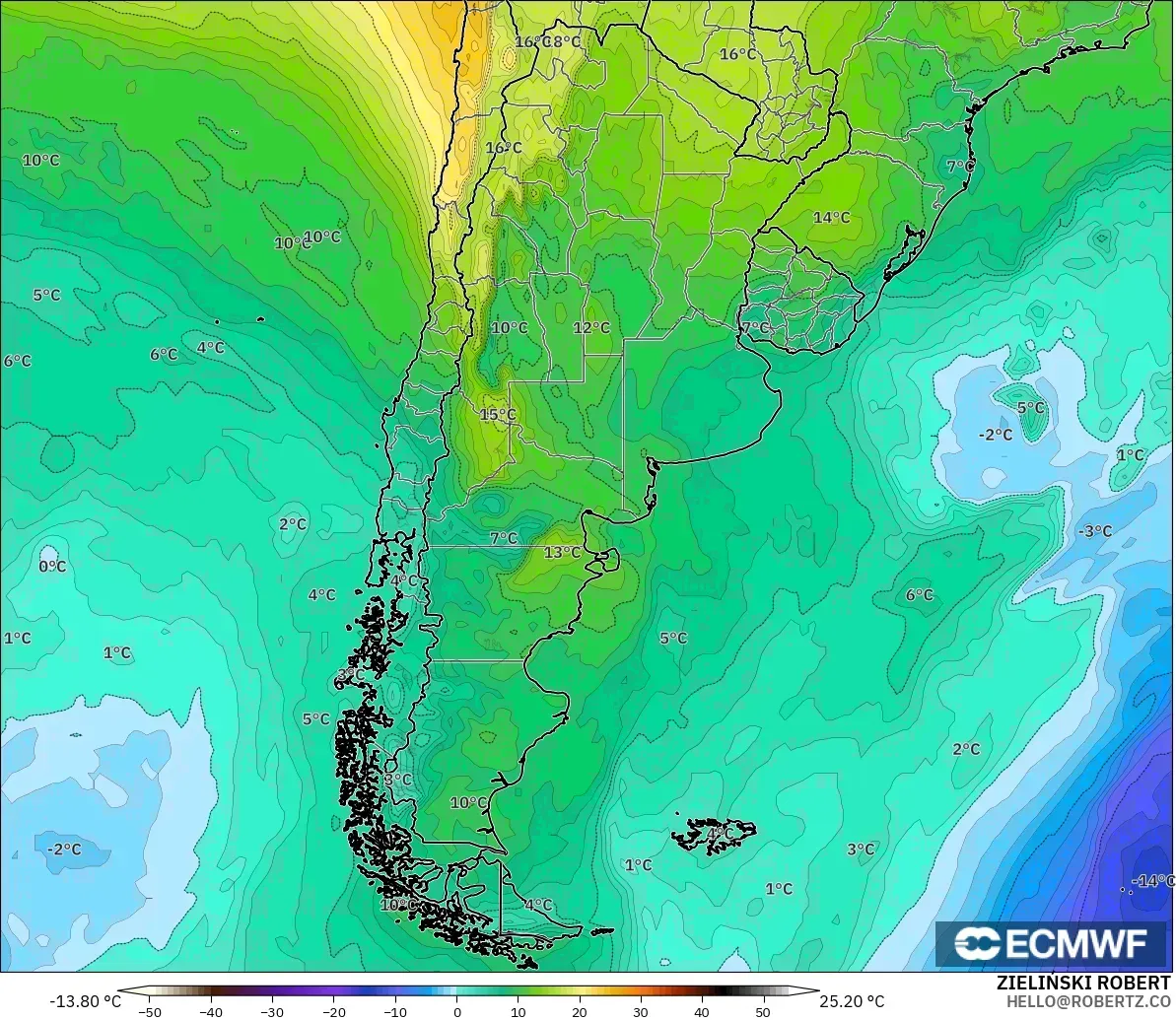 ECMWF IFS 0.25° modelo - Argentina, Temperatura a 850 hPa