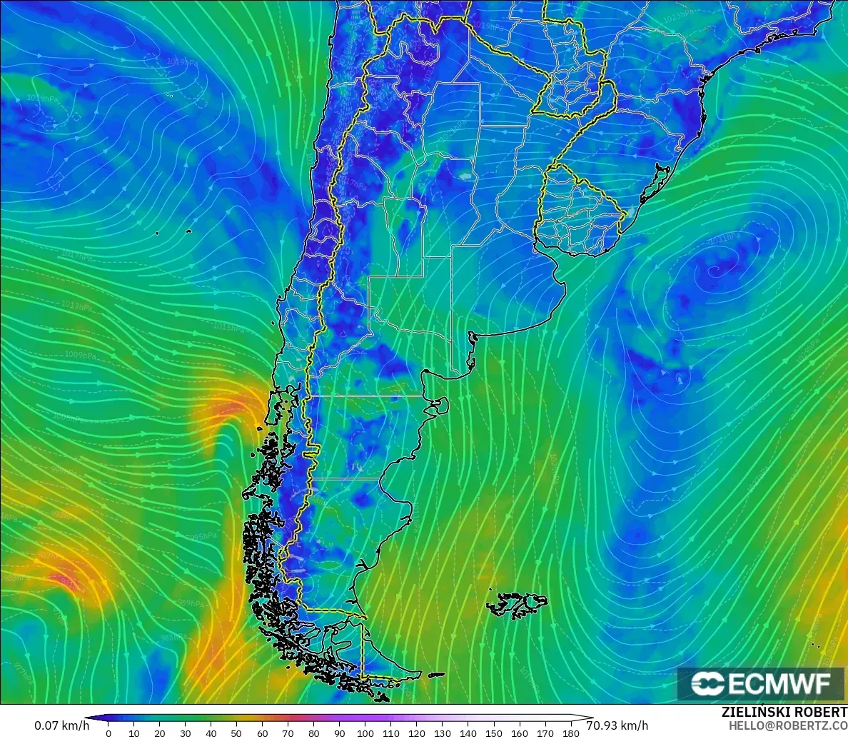 ECMWF IFS 0.25° modelo - Argentina, Viento a 10 m