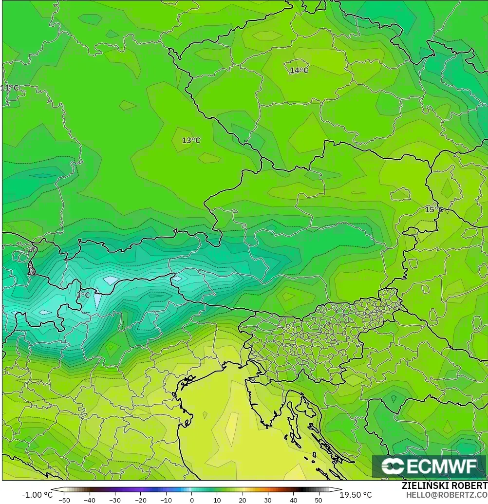ECMWF IFS 0.25° modelo - Austria, Punto de rocío a 2 m