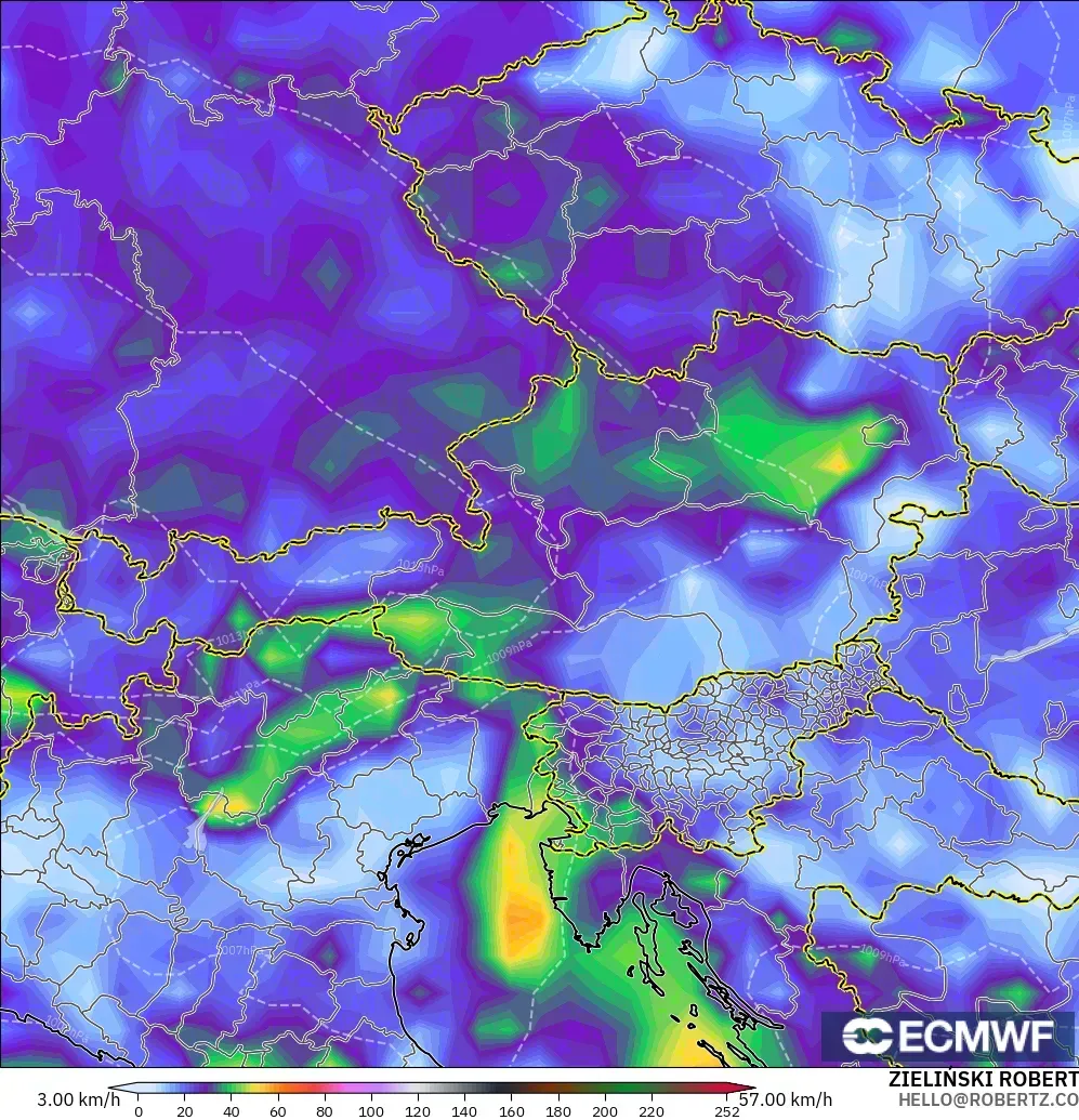ECMWF IFS 0.25° modelo - Austria, Ráfagas de Viento Máximas